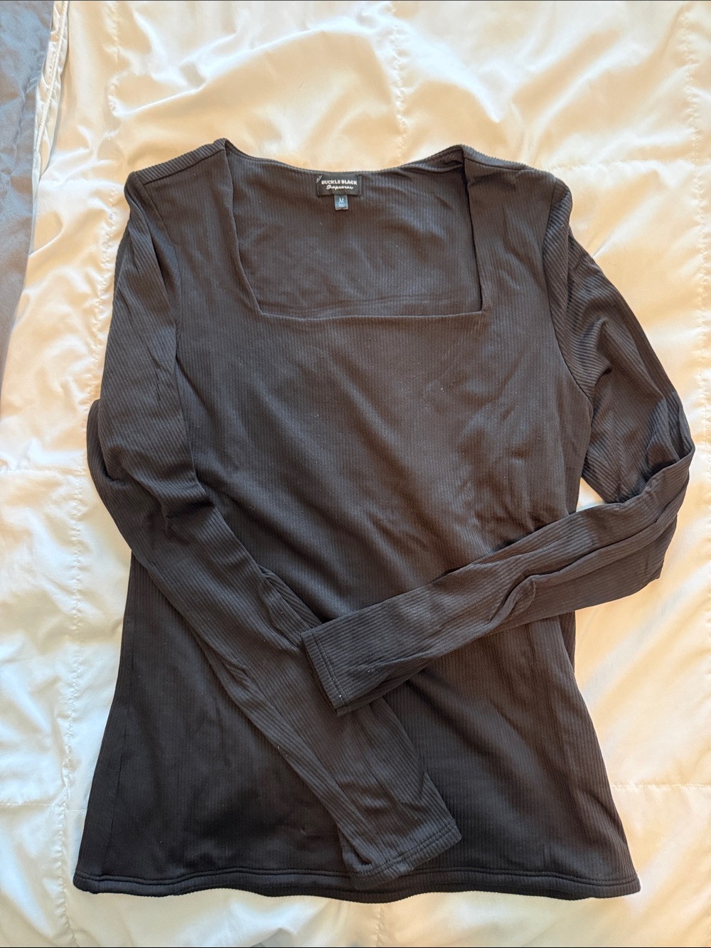 Buckle black ribbed double lined square neck long sleeve top